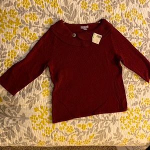Laura Scott Petite Large scoop neck lite three-quarter sleeve sweater. Maroon.
